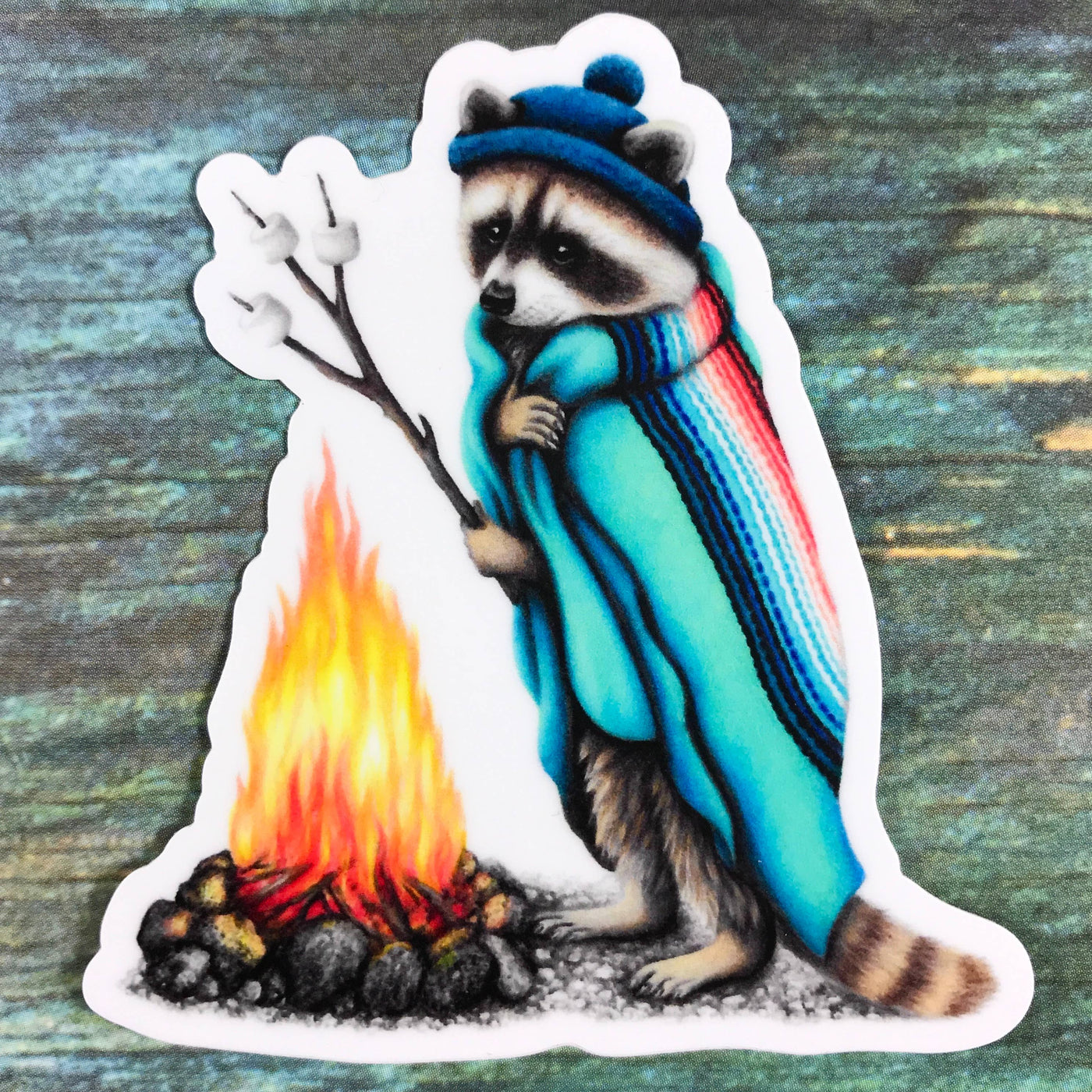 Raccoon roasting marshmallows sticker