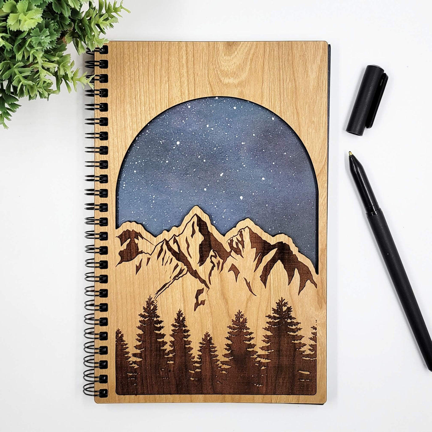 Starry mountains wood journal - blank, lined travel notebook