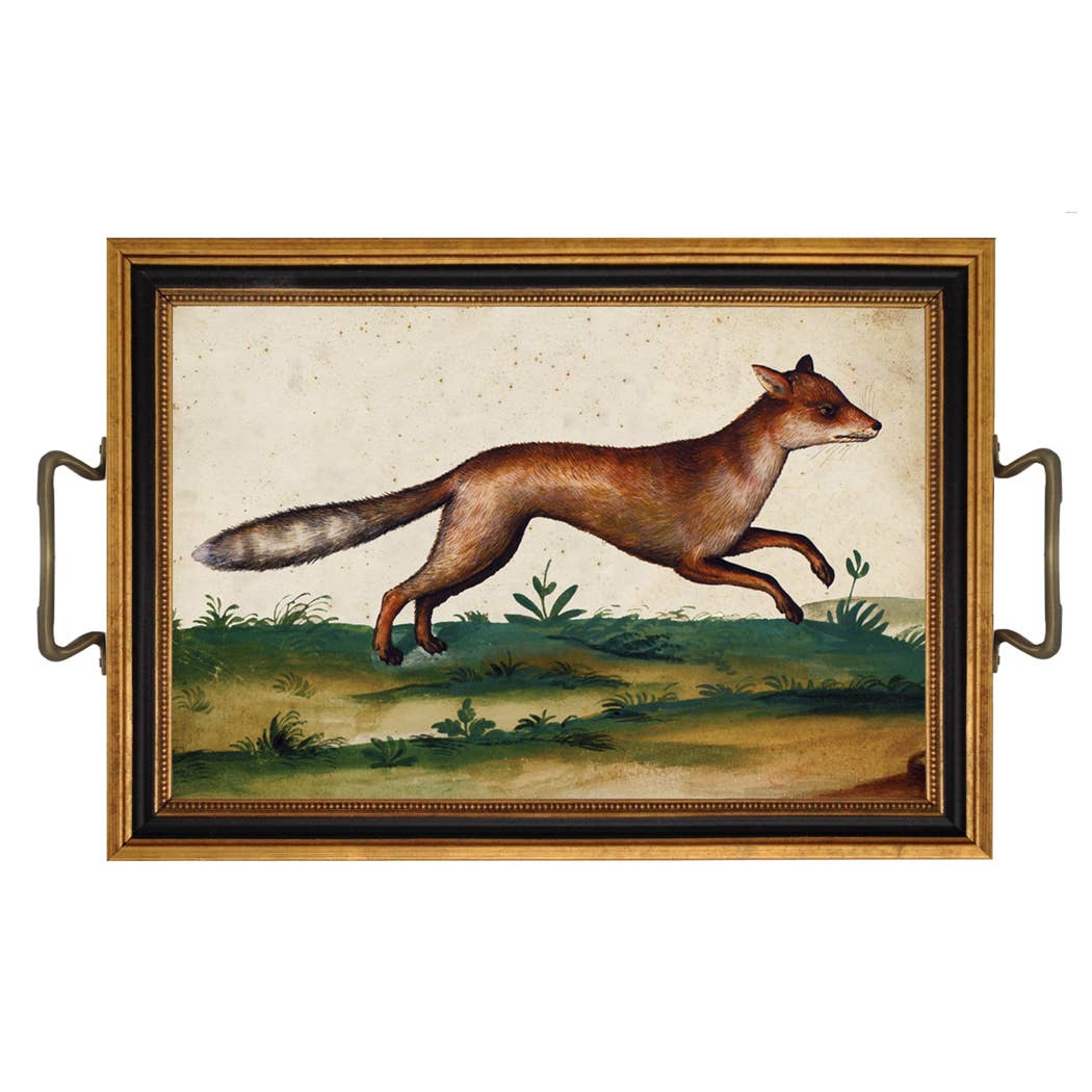 Water Colored Fox Print Tray w/ Brass Handles