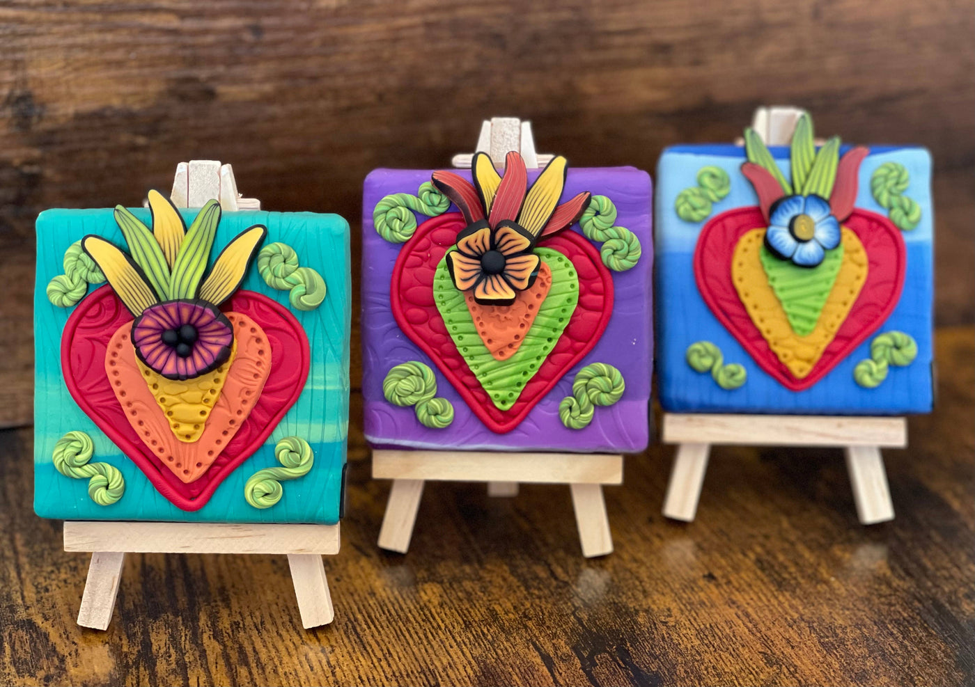 Polymer Clay Mini Canvas with Easel- Flaming Heart Milagros