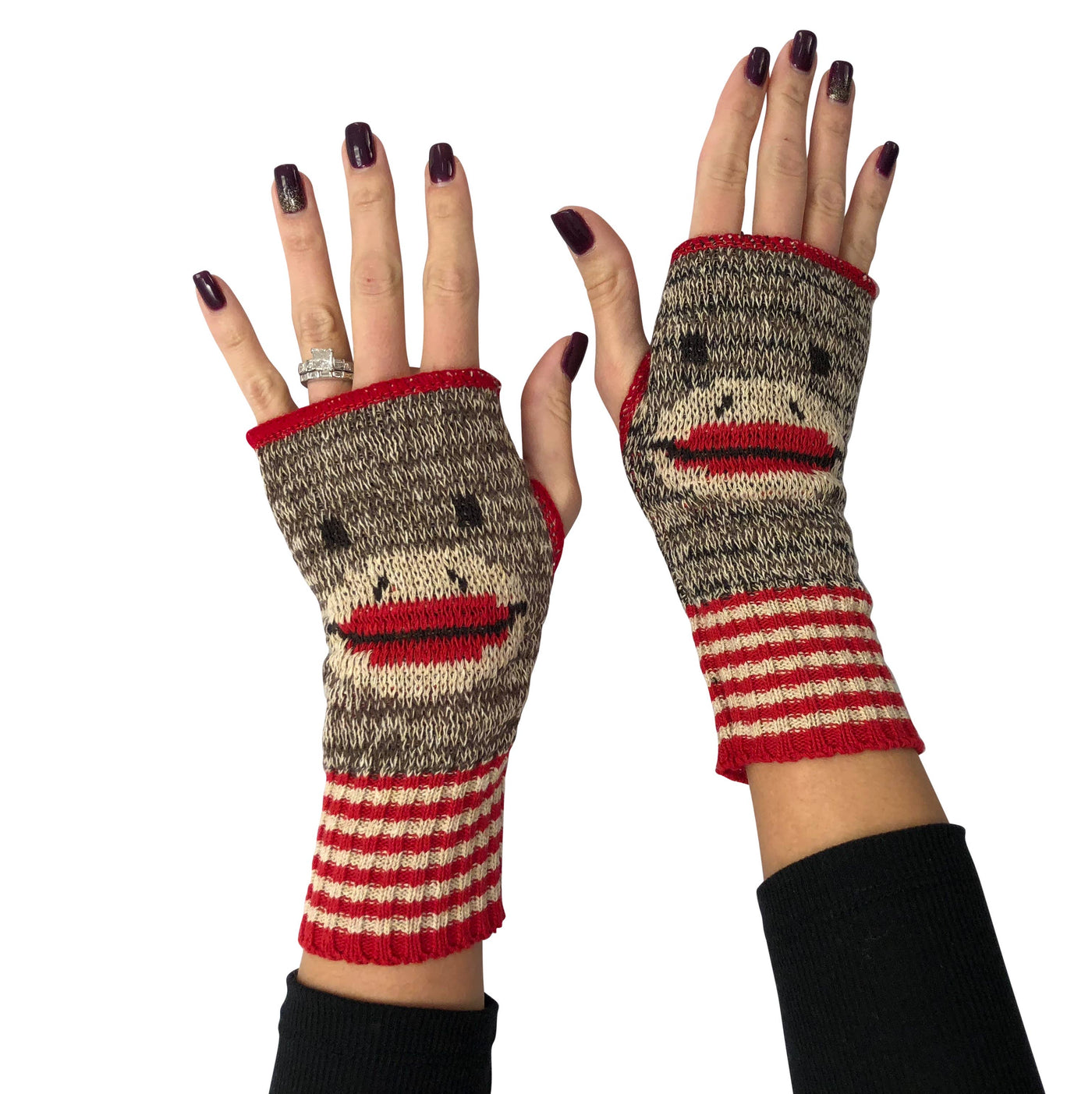 Recycled Cotton Hand Warmer Fingerless Gloves - Sock Monkey