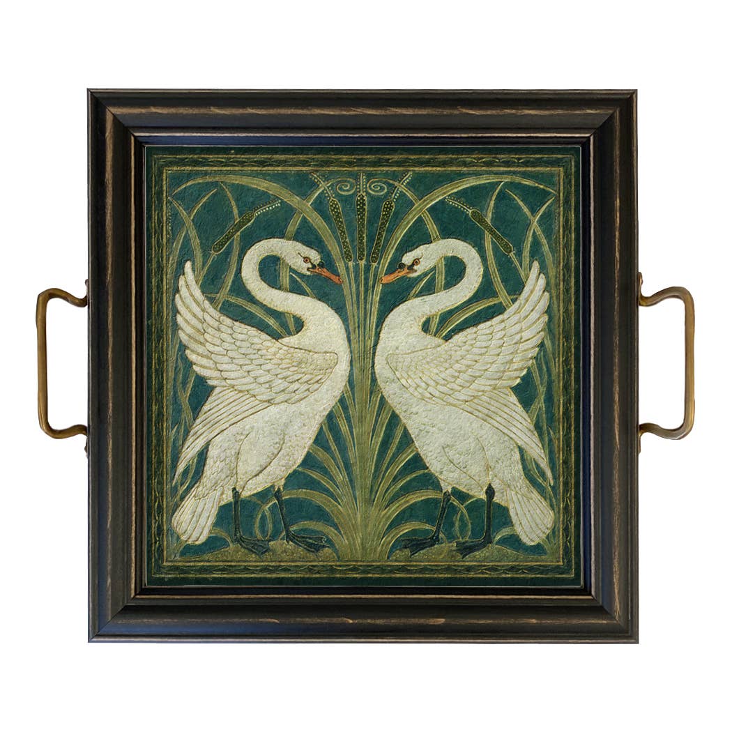 12" Two White Swans Tray with Brass Handles w/ Wood Frame